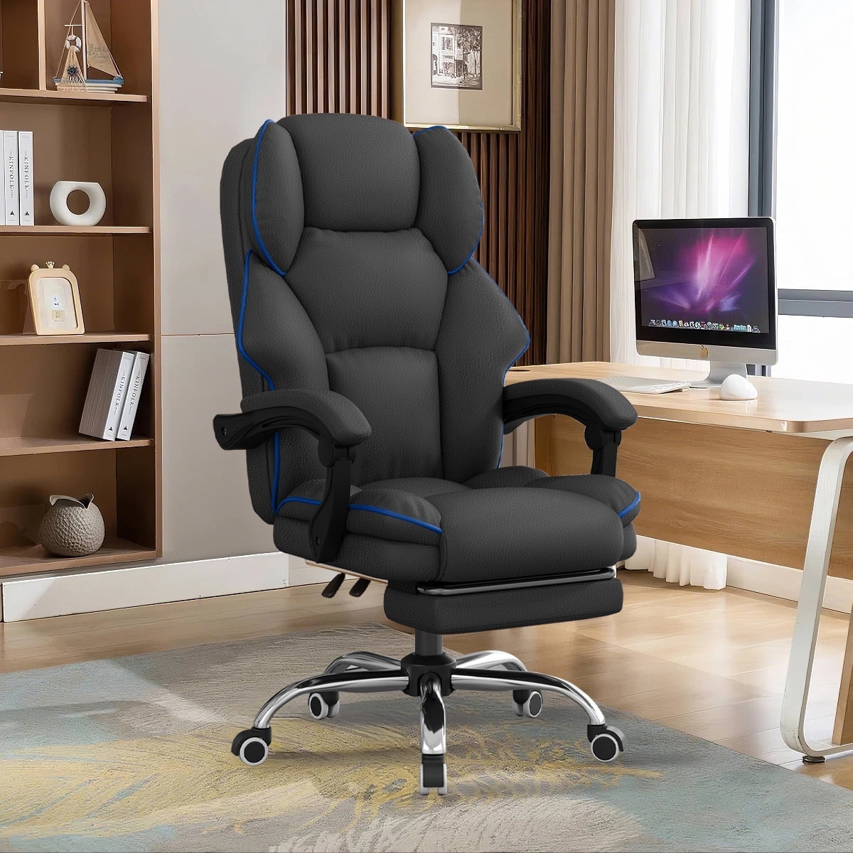 XUEGW Executive Office Chair High Back Computer Gaming Chairs Leather Desk Chair with Foot Rest Ergonomic Swivel Work Chairs,Black