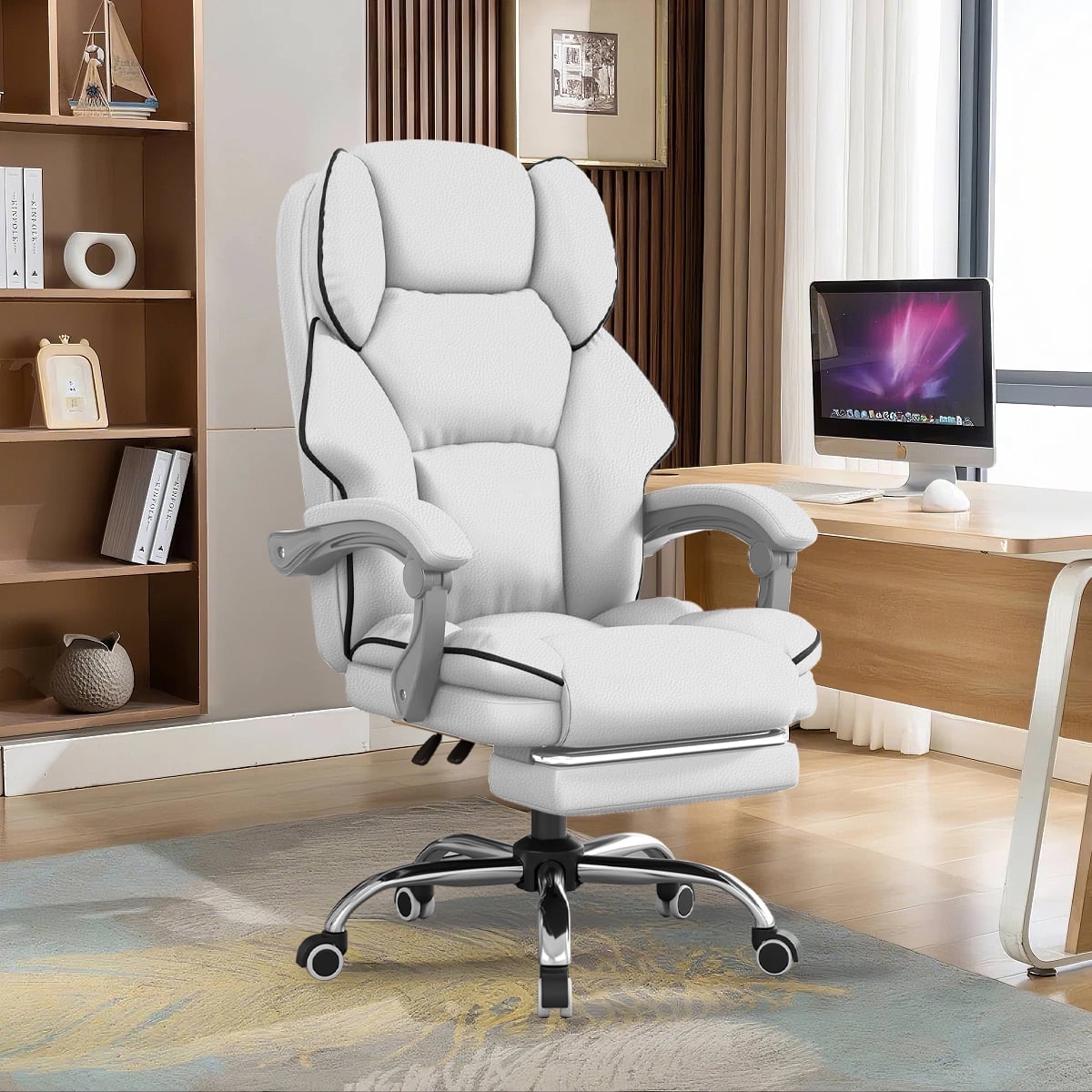 XUEGW Executive Office Chair High Back Computer Gaming Chairs Leather Desk Chair with Foot Rest Ergonomic Swivel Work Chairs,White