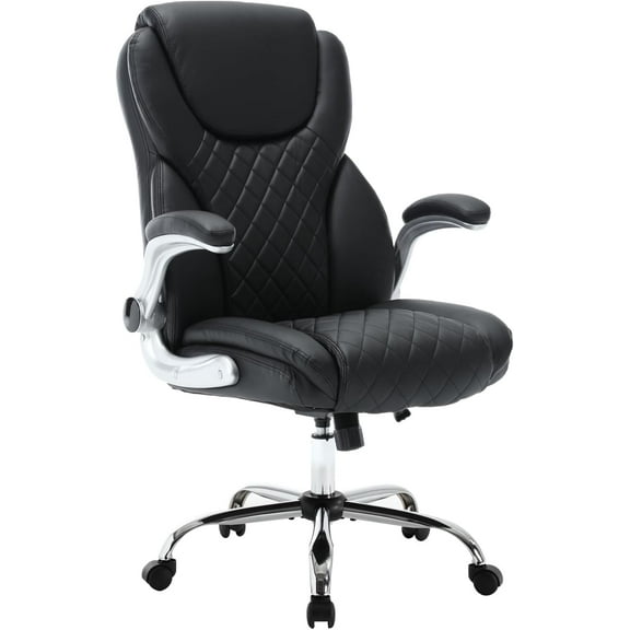 Executive Office Chair, High Back Faux Leather Ergonomic Office Desk Chairs with Wheels, 90-120° Rocking Managerial Swivel Home Computer Chairs with Flip up Arms Lumbar Support(Black)