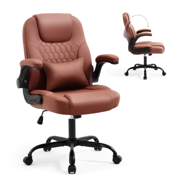 Nexthro Executive Office Chair PU,Leather Office Chair with Wheels,360° Swivel Rolling Chair with Padded Arms,Ergonomic Computer Chair with Lumbar Support for Short People Use(Brown)