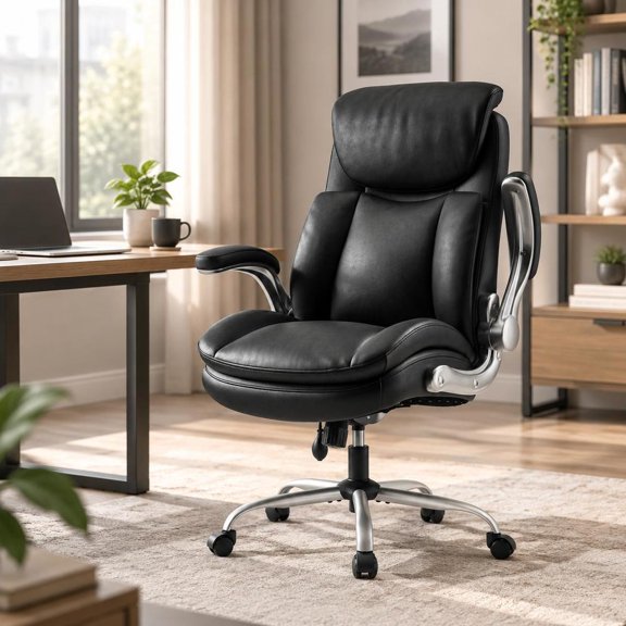 Executive Office Chair, PU leather construction, adjustable lumbar support, flip-up arms, high back design, black finish, suitable for computer desk use