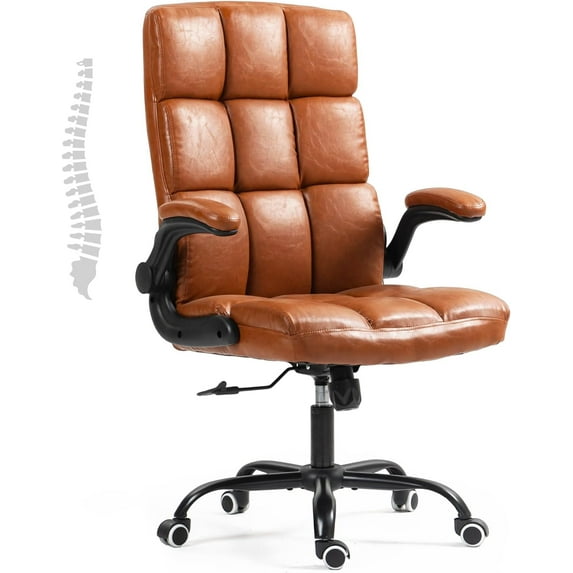 Executive Office Chair, Velvet Ergonomic Comfy Desk Chair, High Back Computer Chair with Adjustable Tilt Angle and Flip-up Arms (Without Footrest Brown)