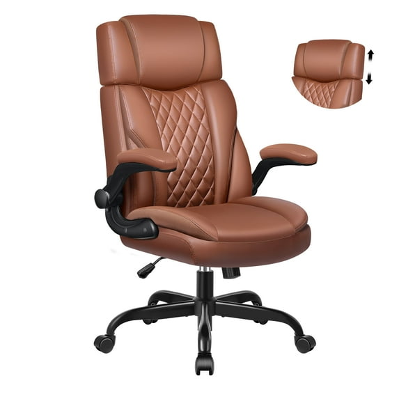 FASTES Leather Office Chair, Executive Desk Chair with Flip Up Arms, Ergonomic Computer Desk Chairs Home Office Chair with Adjustable Headrest and Rocking Function, Brown