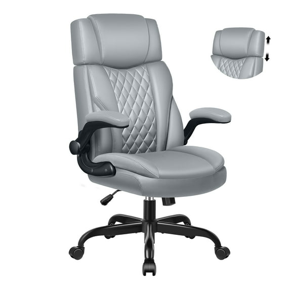 FASTES Leather Office Chair, Executive Desk Chair with Flip Up Arms, Ergonomic Computer Desk Chairs Home Office Chair with Adjustable Headrest and Rocking Function, Gray