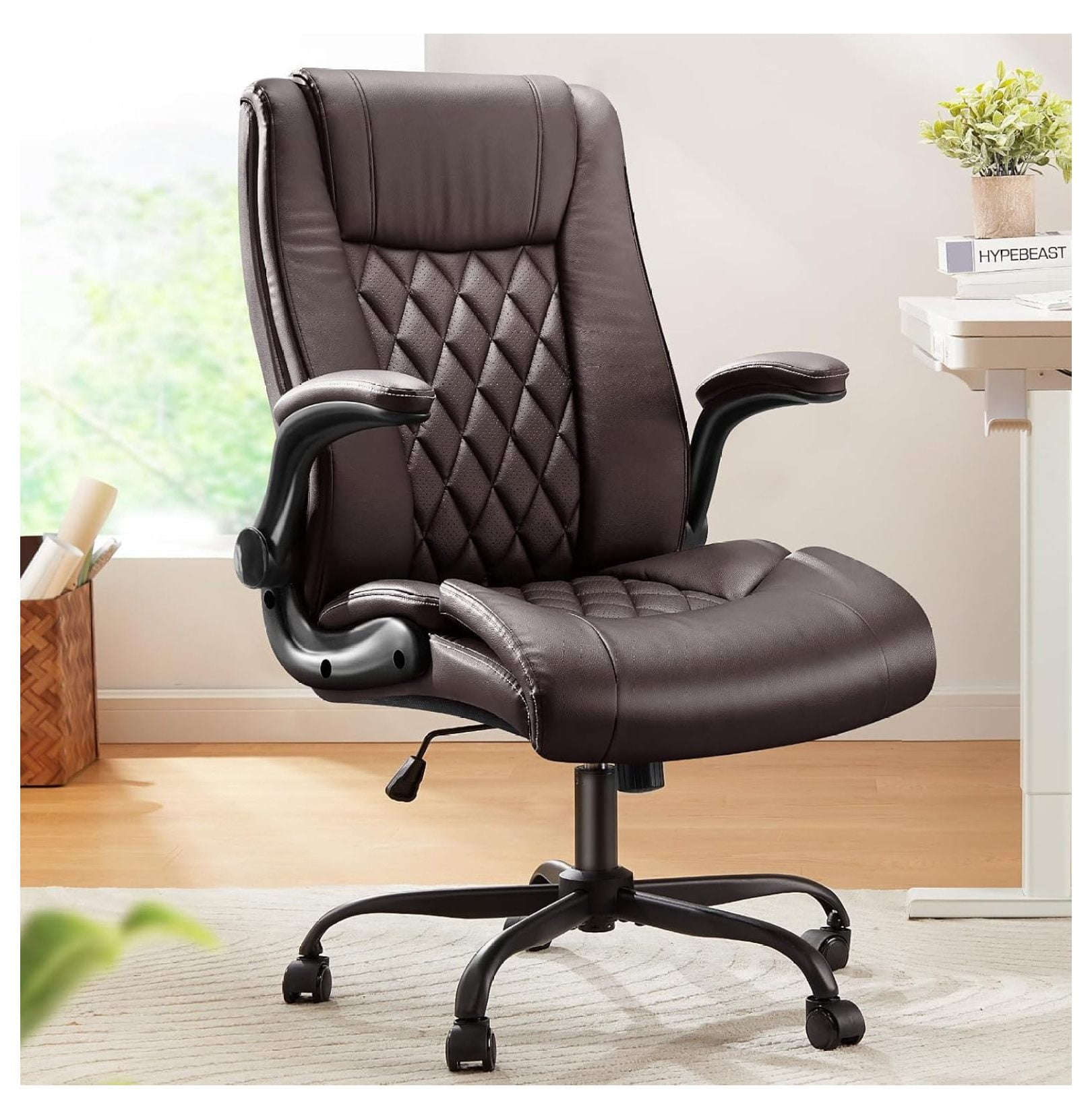 Executive Office Chair with -up Armrests,PU Leather Ergonomic Desk ...