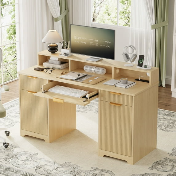 Executive Office Desk, 59" Computer Table with Power Outlets and Monitor Stand, Home Office Writing Desk with Keyboard Storage Drawer and File Cabinets, Oak