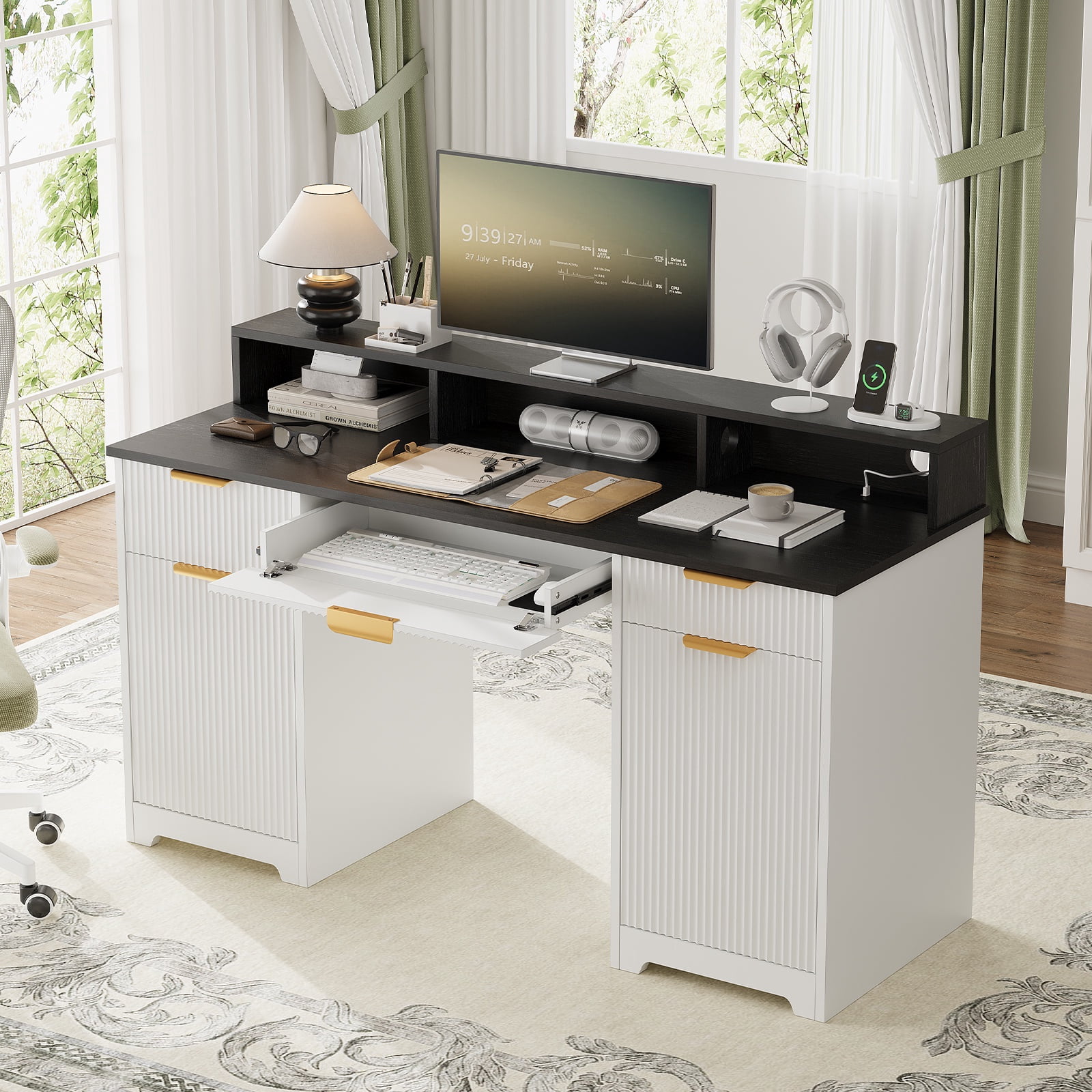 Executive Office Desk, 59" Computer Table with Power Outlets and Monitor Stand, Home Office Writing Desk with Keyboard Storage Drawer and File Cabinets, White & Black