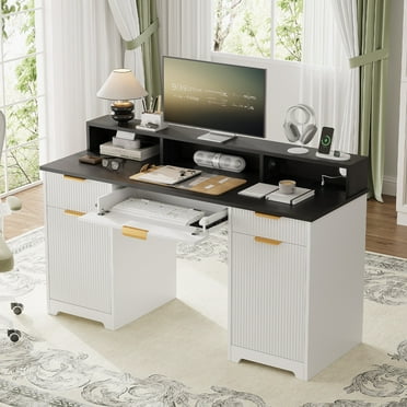 Executive Office Desk, 59" Computer Table with Power Outlets and Monitor Stand, Home Office Writing Desk with Keyboard Storage Drawer and File Cabinets, White & Black