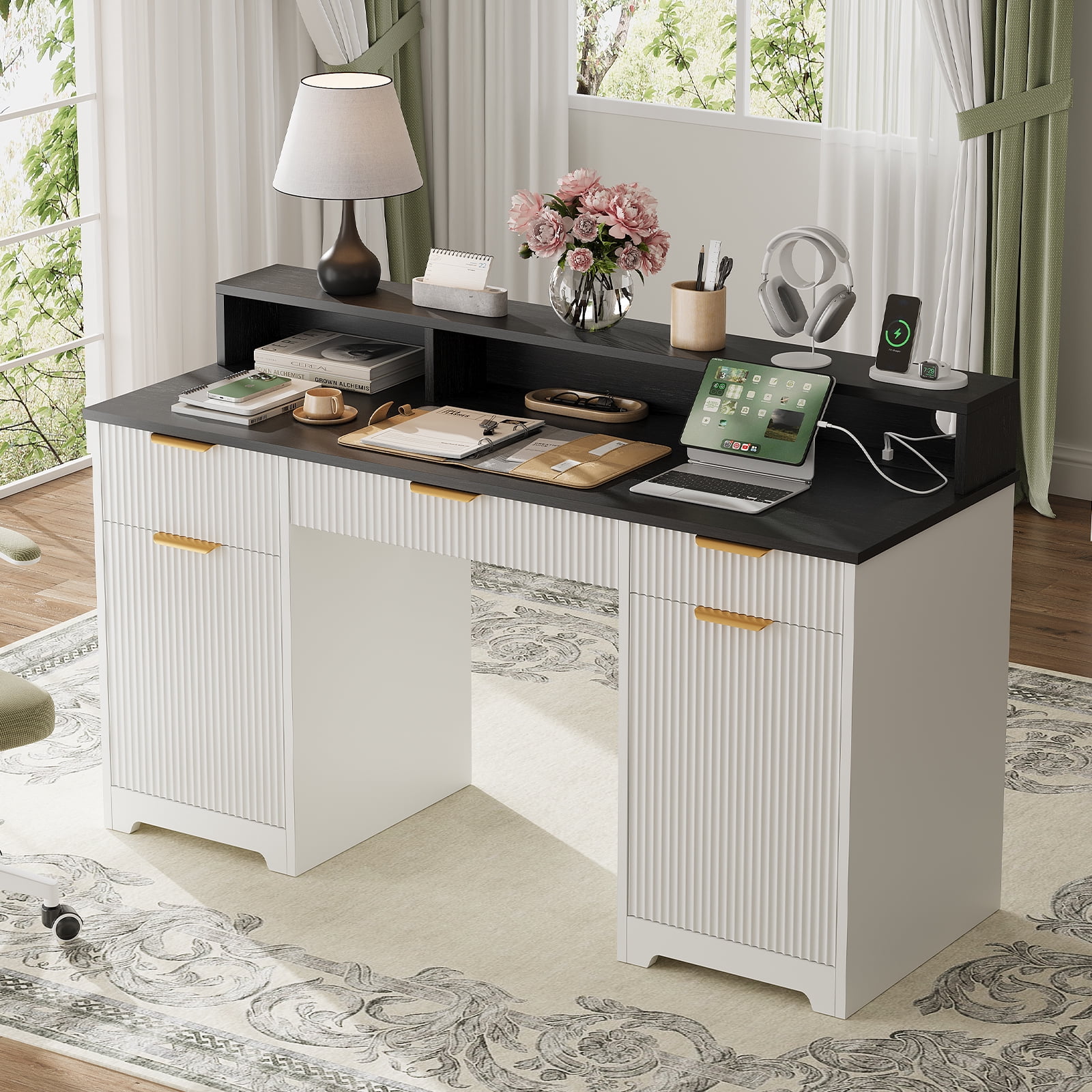 Executive Office Desk Computer Table with Power Outlets and Monitor Stand, Writing Desk with Keyboard Storage Drawer and File Cabinets for Home Office