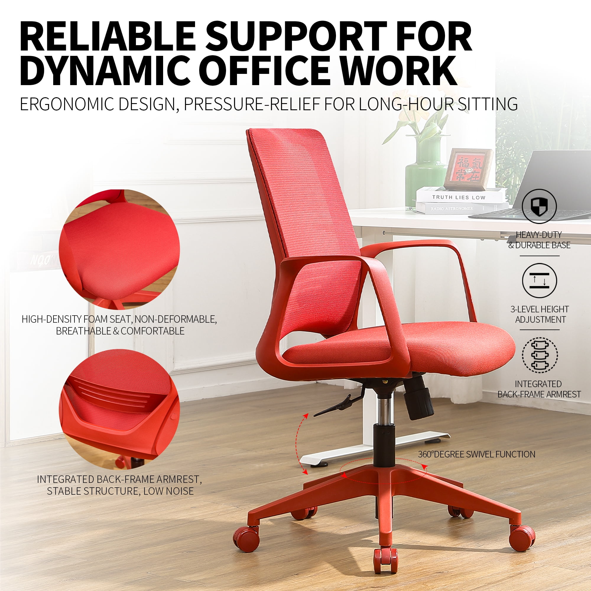 Executive Office Ergonomic Mesh Chair 350LBS, Office Seating, Mesh Fabric, Comfortable Sitting, Integrated Armrest, Lifting, Swivel Net Chair (Red)