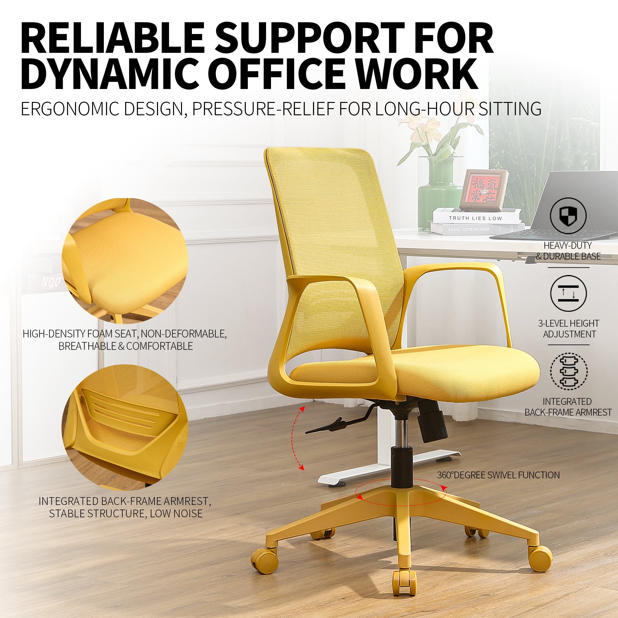 Executive Office Ergonomic Mesh Chair 350LBS, Office Seating, Mesh Fabric, Comfortable Sitting, Integrated Armrest, Lifting, Swivel Net Chair (Yellow)