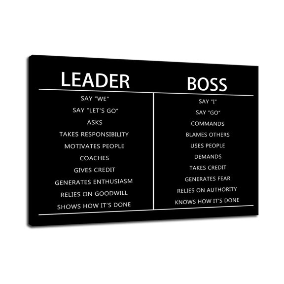 Executive Office Wall Art - Boss and Leader Difference Motivational Print on Canvas, Black and White Inspirational Quote for Managers, Business Success Principles Decor