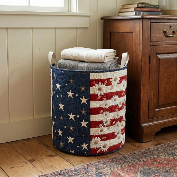 Executive Patriot Edition Decorative Laundry Basket, Quilted Organizer Hamper for Blankets, Clothes and Toys