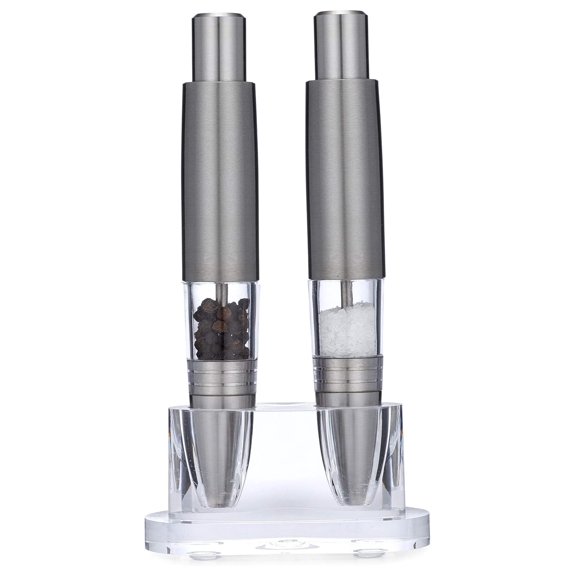 Executive Pen Salt and Pepper Grinder Set, Refillable Modern Thumb Button Grinders Use With Peppercorns, Sea and Himalayan Salts, Comes with Stand