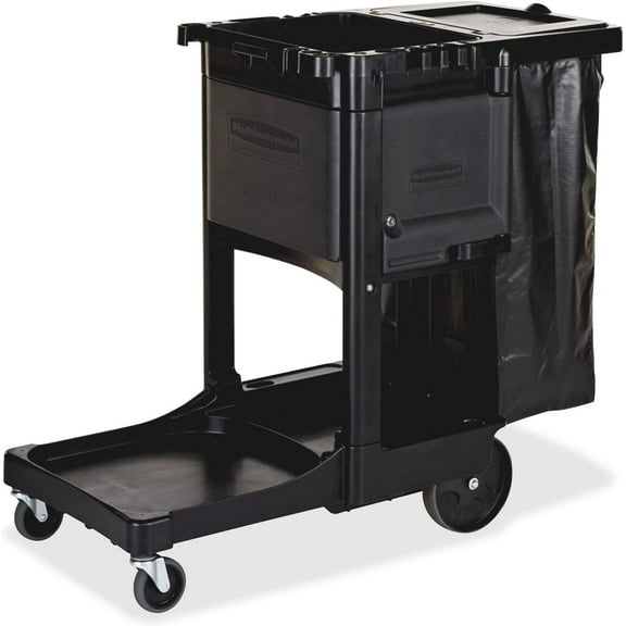 Executive Series Janitorial and Housekeeping Cleaning Cart with Locking Cabinet, Wheeled with Zippered Black Vinyl Bag, Black, 38.4" H x 21.8" W x 46" L
