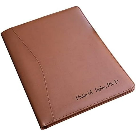 Executive Tan Leather Personalized Portfolio - Padfolio with Business Card Pocket, Pen Holder & Extra Storage, Includes 8.5" x 11" Notepad - for Men and Women