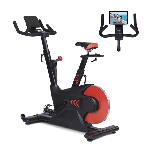 Exercise Bike Electromagnetic Resistance Stationary, 24 lb Flywheel Smart Knob Low-Noise Dual-Triangle Frame, LCD Monitor App Compatible for Indoor Cardio Fitness Training, Black/Red