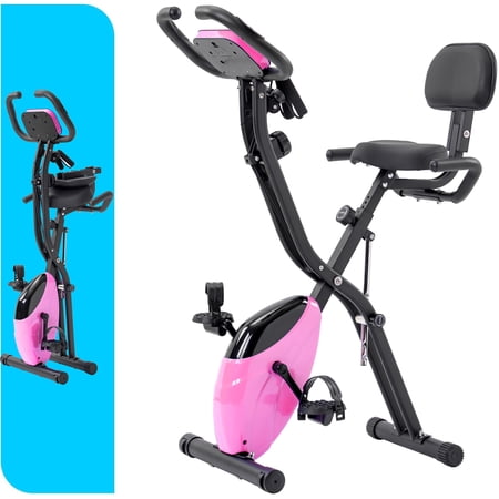 Exercise Bike Foldable Fitness Indoor Stationary Bike Magnetic Upright Recumbent Exercise Bike for Home Workout - Pink