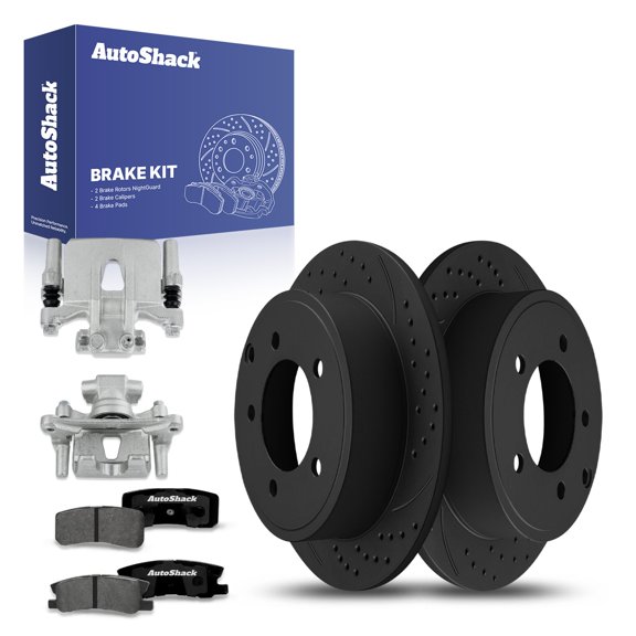AutoShack Rear Drilled & Slotted Brake Rotors Premium Ceramic Brake Pads Calipers | Replacement for 2009-2011 Mitsubishi Outlander 2.4L AWD FWD | Black E-Coated | 8-PC Brake Kit | NightGuard