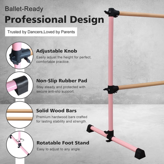 Exercise Equipment 6FT Pink Solid Wood Ballet Barre With Adjustable Range Of 6.7-46 Inches For Dance Practice,Workout Equipment