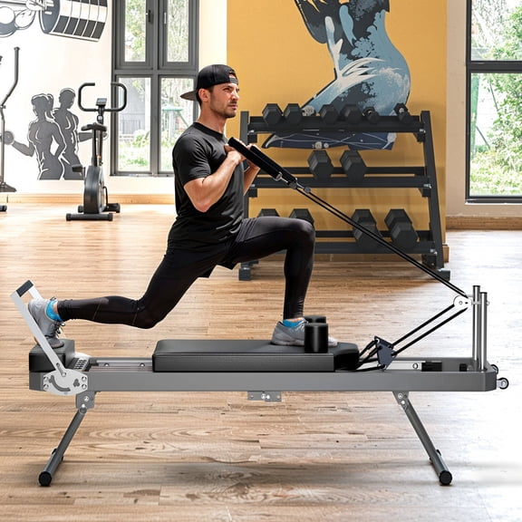 Exercise Equipment Extra Large Pilates Reformer - Multi-functional Home Fitness Equipment, 395lbs Capacity, with Dynamic Resistance Cords and Aerobic Rebounder, Improves Posture, Builds Strength, Red