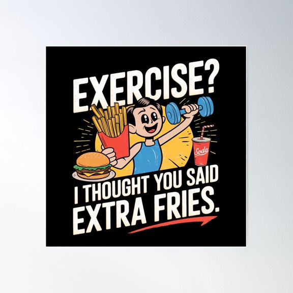 Exercise? I Thought You Said Extra Fries Poster Wall Art, Modern Wall Decor For Living Room Bedroom, 16x16 UNFRAMED
