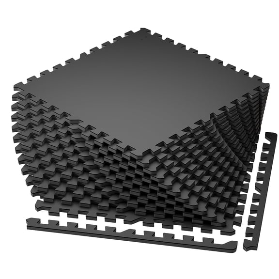 Amadwell 0.56" Thick 48 Sq Ft Gym Flooring for Home Gym, 12 Tiles Exercise Equipment Mats, Rubber Top with High Density EVA Foam, Large Interlocking Workout Mat, Black