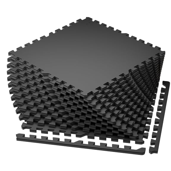 Amadwell 0.56" Thick 48 Sq Ft Gym Flooring for Home Gym, 12 Tiles Exercise Equipment Mats, Rubber Top with High Density EVA Foam, Large Interlocking Workout Mat, Black