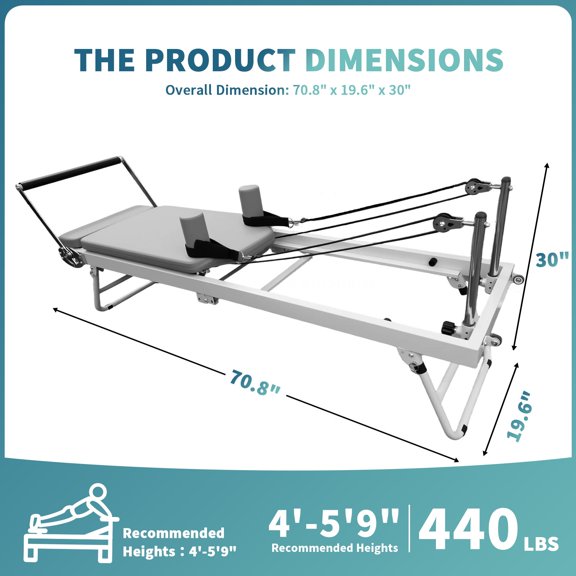 Exercise Pilates Equipment Pilates Reformer Machine, 70.8in Gray Foldable Pilates Machine with Sturdy Steel Frame & 3-Height Pulley Risers, Gym Equipment Up to 440 lbs Fit for Body Sculpting