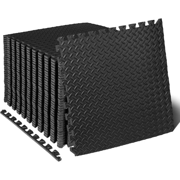 Exercise Puzzle Mat, 1/2 in, 144 sq ft, 36 Tiles, Black