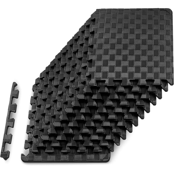 Exercise Puzzle Mat -inch, Checkered EVA Foam Floor Tiles w/ Non-Slip Texture, Interlocking Design for Adjustable Gym Surfaces, Shock Absorbing, Black, 12 SQ FT - 12 Tiles