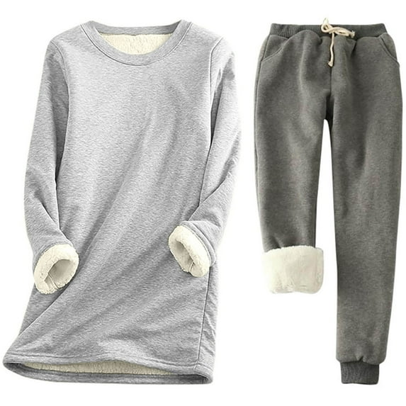 Exercise Tracksuit Set Fleece Pajamas for Women,Fuzzy Lined Two Piece Set Crewneck Sweatsuit Warm Thermal Loungewear Sleepwear Outfits S-67 Dark Gray L