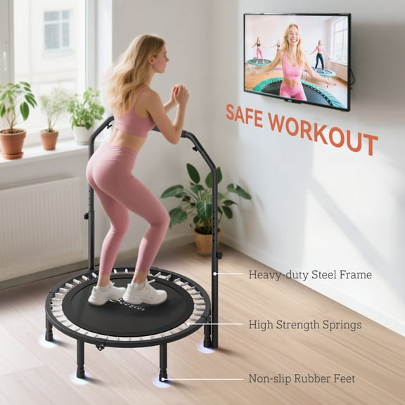 Exercise Trampoline 4 Level Adjustable Handle Double Folding 330 Lbs Capacity Indoor Outdoor Fitness Trampoline Black No Weekend Shipments