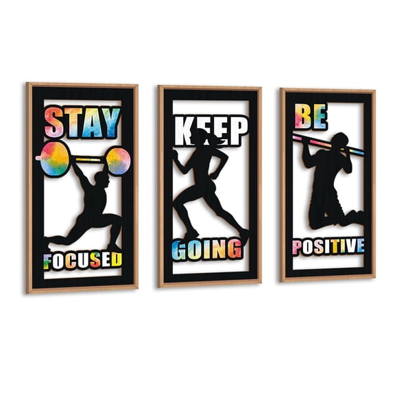 TOARTi Exercise Wall Art Gym Decor Framed Bodybuilding Keep Going Wood Cut Out Set of 3 For Home Gym Exercise Room Classroom 8x16 Inch