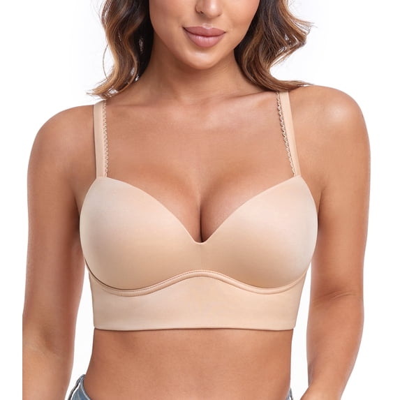 Exerin Bras for Women Plunge Wirefree Pullover Push Up Comfortable Padded Plus Size Bra(Beige,34B)