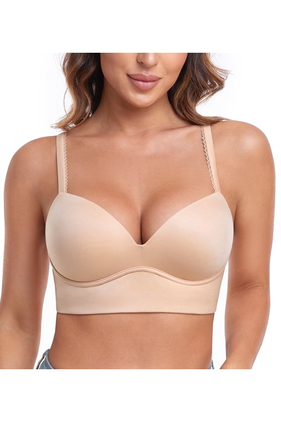 Bras for Women Plunge Wirefree Pullover Push Up Comfortable Padded Plus Size Bra(Beige,34DD)