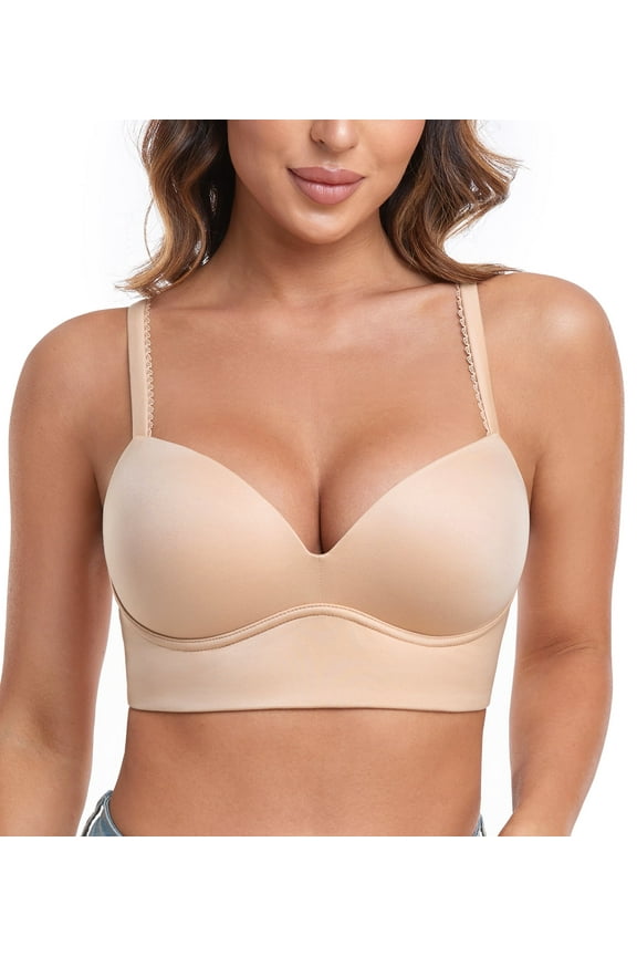 Bras for Women Plunge Wirefree Pullover Push Up Comfortable Padded Plus Size Bra(Beige,36C)