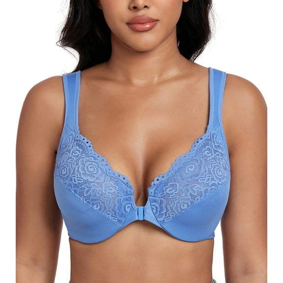 Exerin Women's Plus Size Front Closure U-Back Underwire Wide Strap Everyday Bra(Aqua-Blue,34DD)