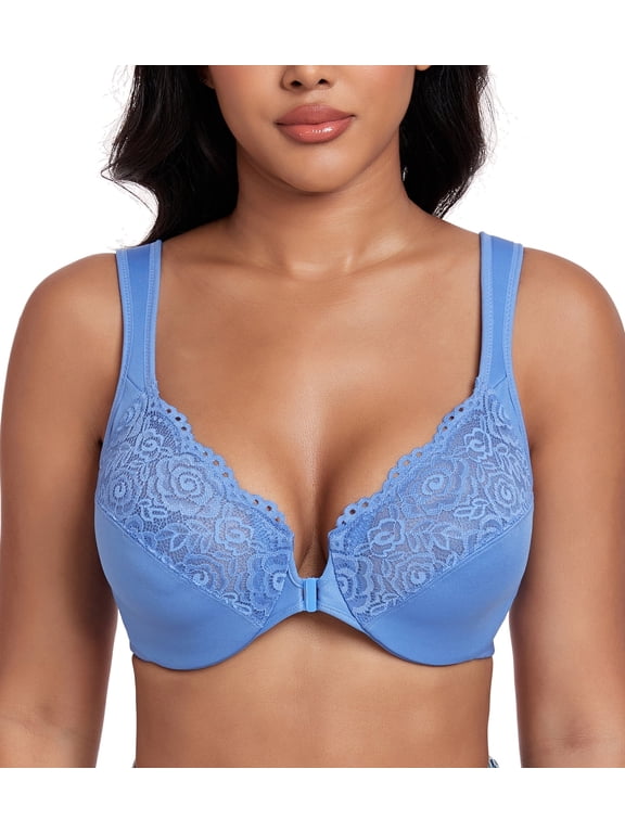 Women's Plus Size Front Closure U-Back Underwire Wide Strap Everyday Bra(Aqua-Blue,42D)