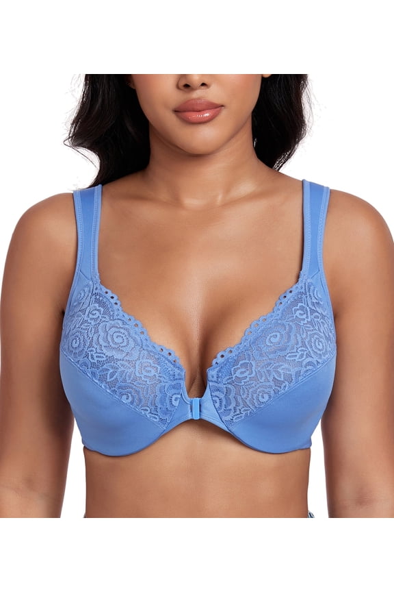 Women's Plus Size Front Closure U-Back Underwire Wide Strap Everyday Bra(Aqua-Blue,44D)