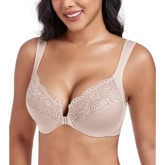 Exerin Women's Plus Size Front Closure U-Back Underwire Wide Strap Everyday Bra(Beige,36D)