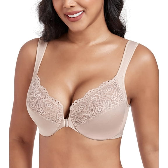 Exerin Women's Plus Size Front Closure U-Back Underwire Wide Strap Everyday Bra(Beige,42C)