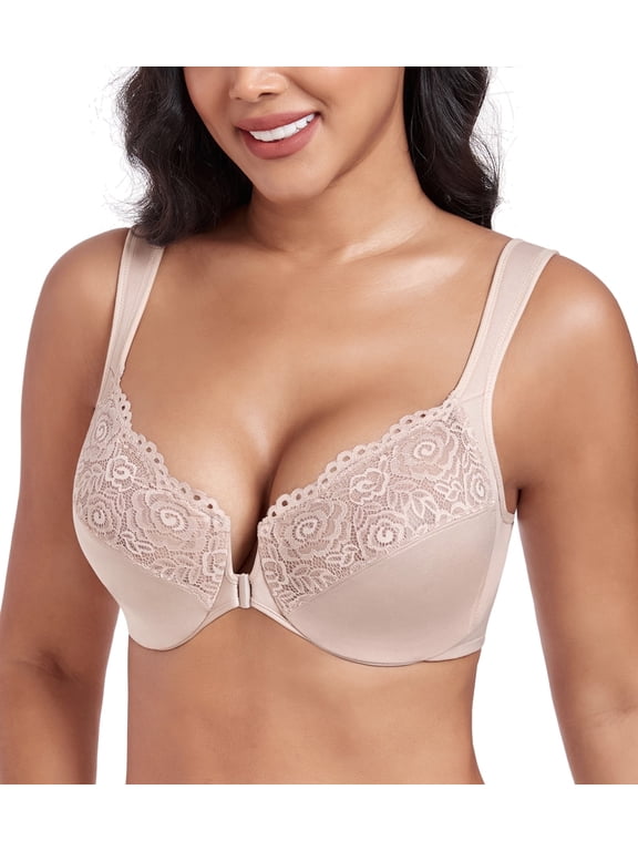 Women's Plus Size Front Closure U-Back Underwire Wide Strap Everyday Bra(Beige,42DDD)