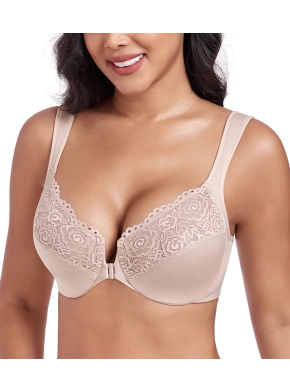 Women's Plus Size Front Closure U-Back Underwire Wide Strap Everyday Bra(Beige,44C)