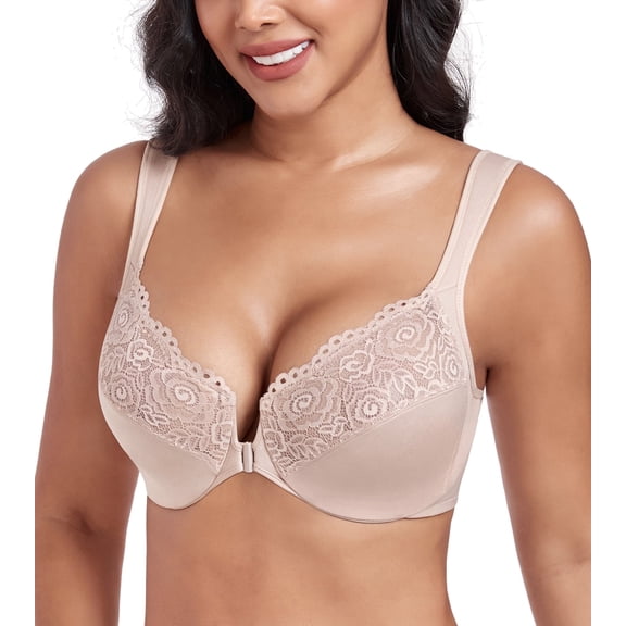 Exerin Women's Plus Size Front Closure U-Back Underwire Wide Strap Everyday Bra(Beige,44C)