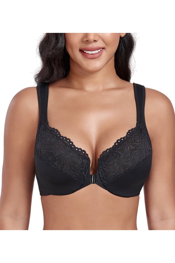 Women's Plus Size Front Closure U-Back Underwire Wide Strap Everyday Bra(Black,34DD)