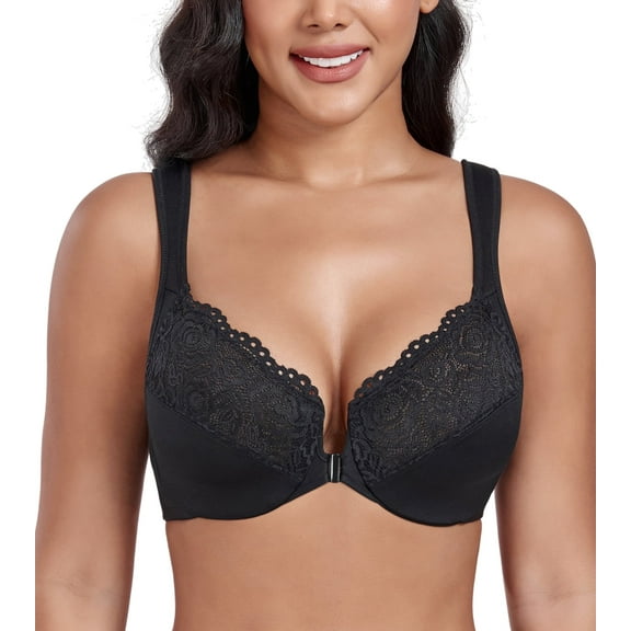 Exerin Women's Plus Size Front Closure U-Back Underwire Wide Strap Everyday Bra(Black,36C)