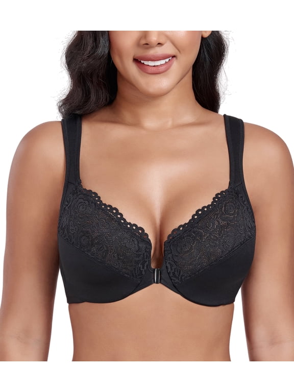 Women's Plus Size Front Closure U-Back Underwire Wide Strap Everyday Bra(Black,44DDD)