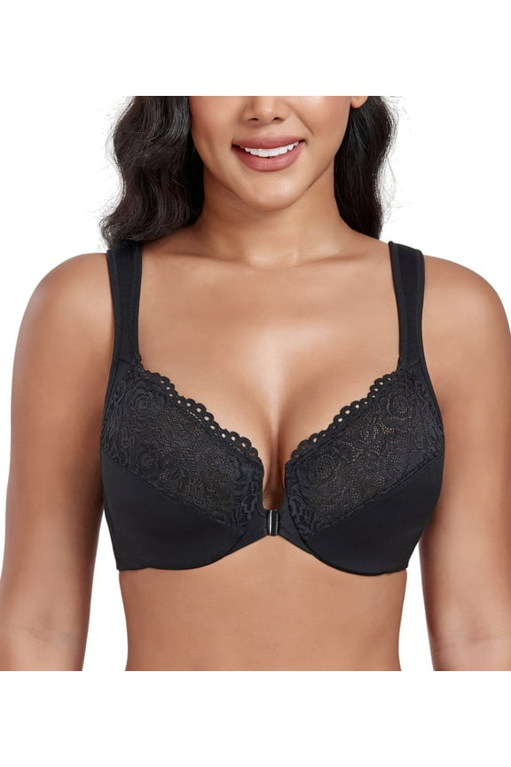 Women's Plus Size Front Closure U-Back Underwire Wide Strap Everyday Bra(Black,44G)