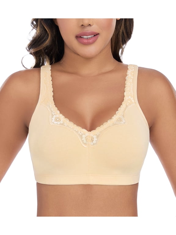 Plus Size Bras Women's Comfort Cotton Non-Padded Wirefree Lace Floral Everyday Bra(36DD,Beige)